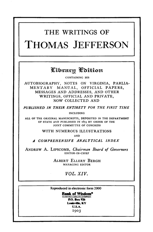 (image for) The Writings of Thomas Jefferson - Vol. 14 of 20 Vols.